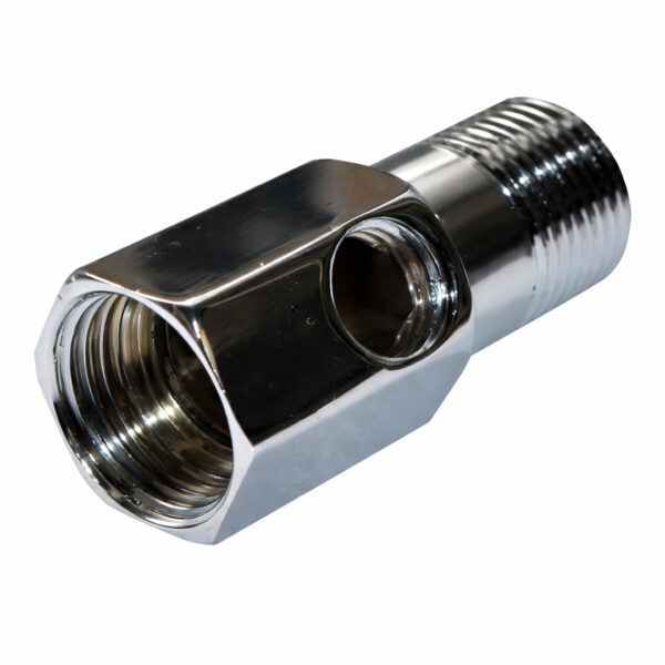 Conector metalic intrare 1/2" filet exterior, iesire 1/2" filet interior , mijloc filet interior 1/4"