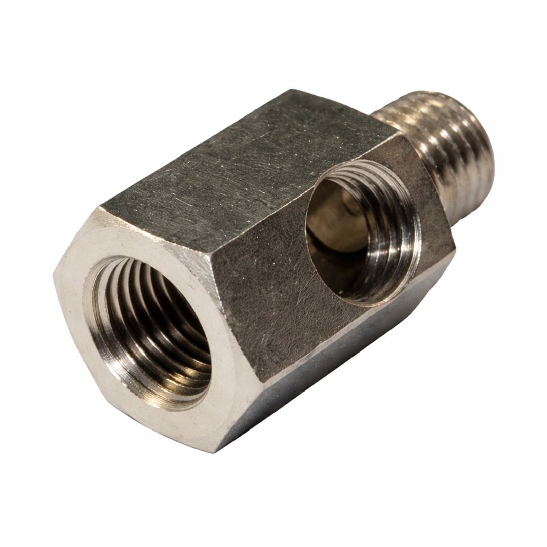 Conector metalic  intrare 1/4" filet interior iesire 1/4" filet exterior cu conexiune de 1/4" la mijloc filet interior