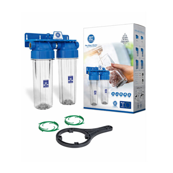 Set de 2 carcase transparente 10" cu suport pridere, cheie si inel de centrare 3/4" FHPRCL34BTWIN