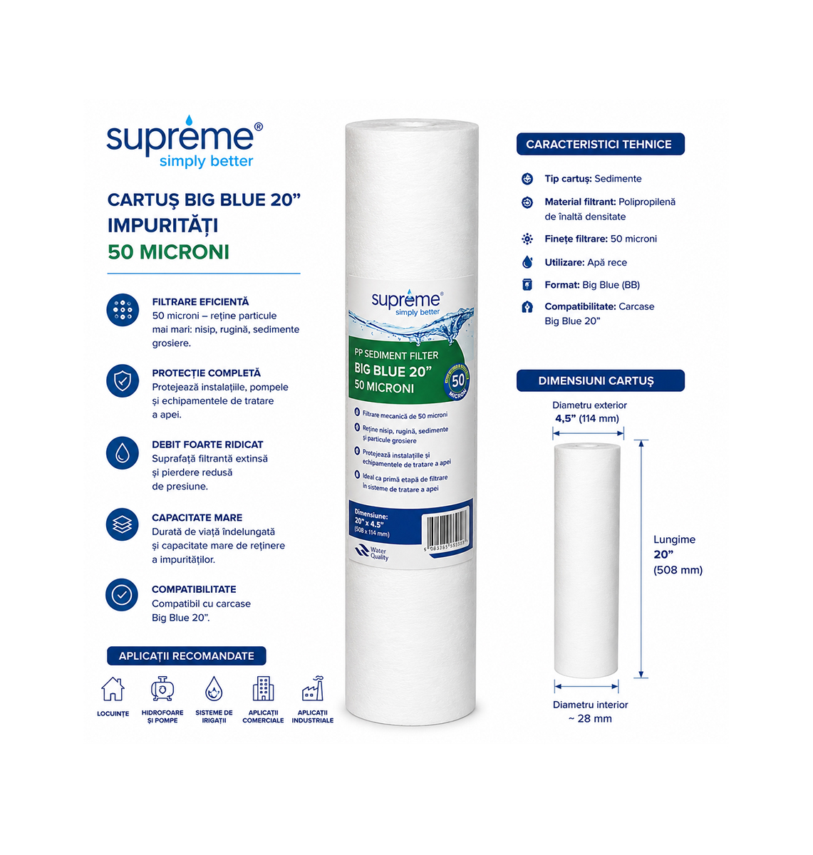 Cartus Big Blue 20” impuritati SUPREME 50 MICRONI